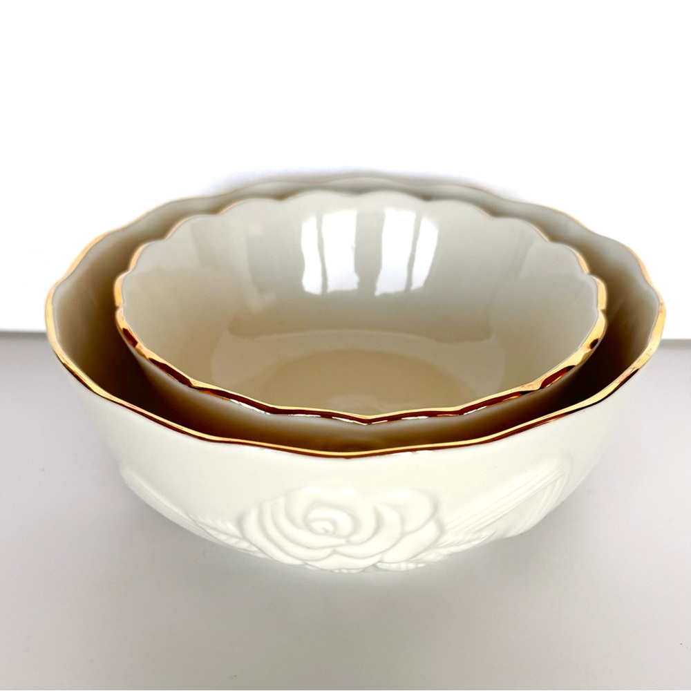 Lenox Ivory Rose Blossom Bowls Gold Trim Porcelain Set Of 2 NEW - Picture 16 of 16
